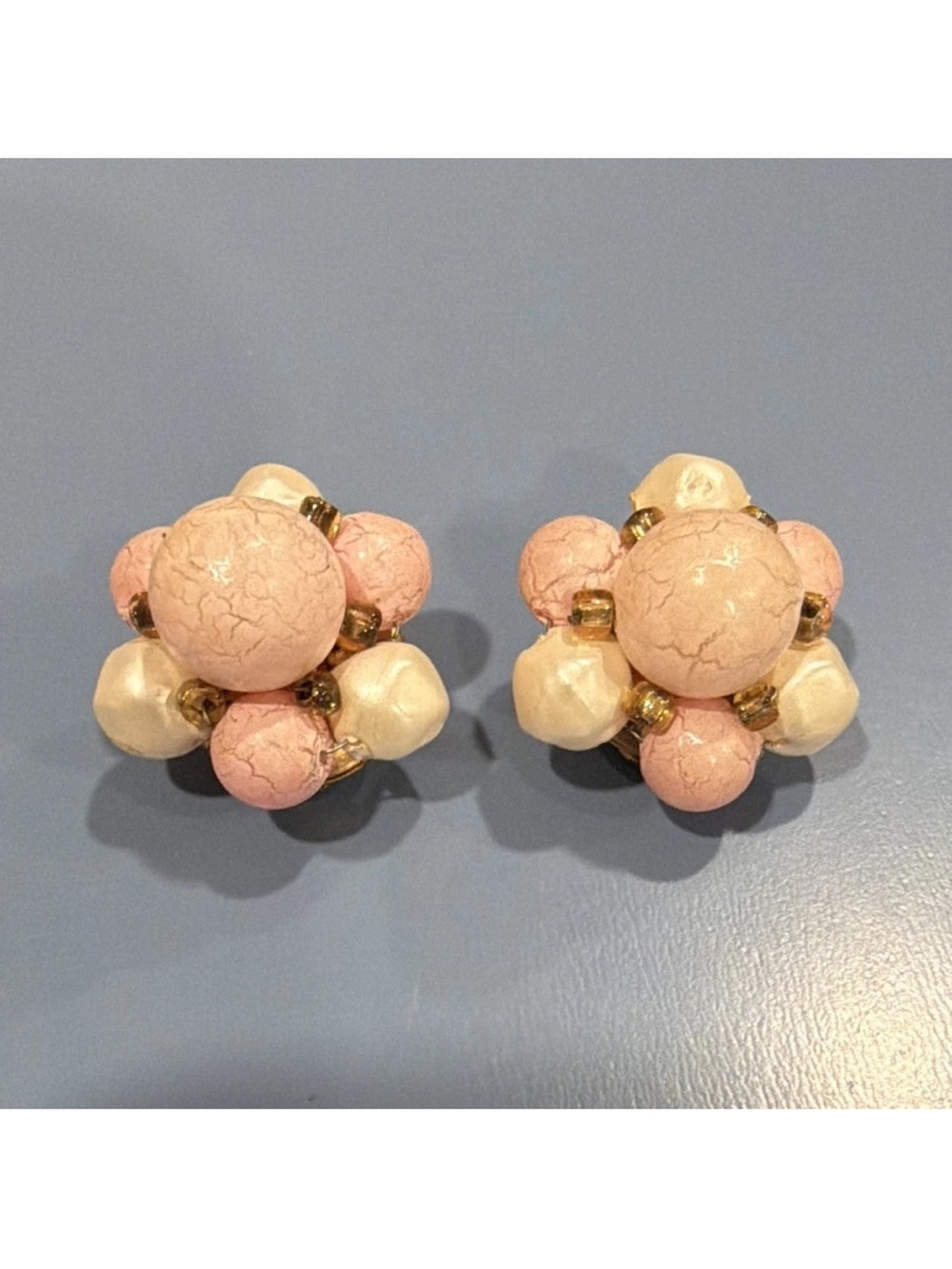 Vintage Pink and Cream Beaded Cluster Clip Earrings